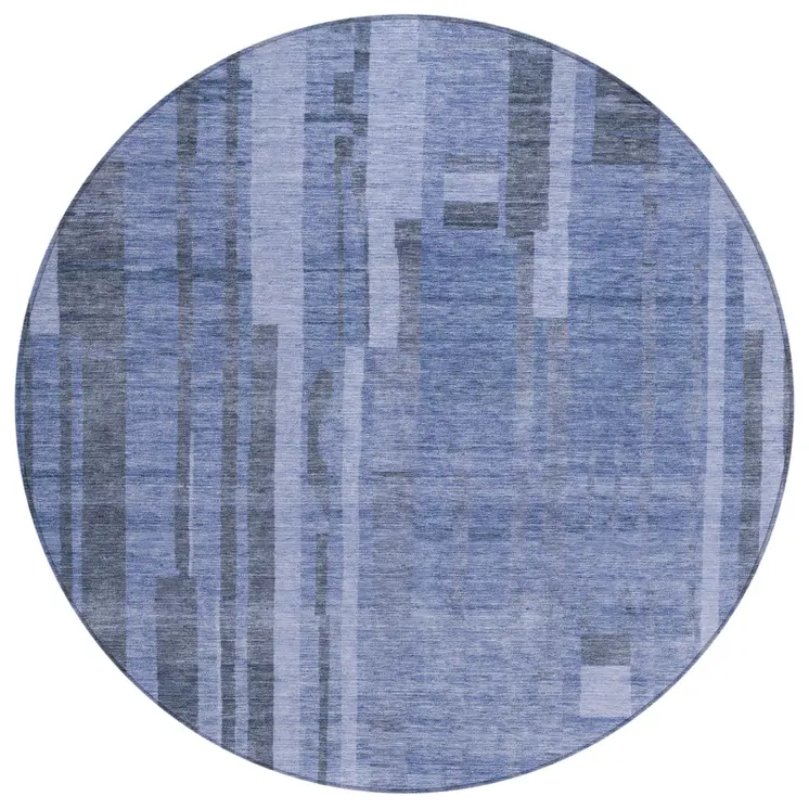 8' Denim Blue And Charcoal Round Striped Washable Indoor Outdoor Area Rug