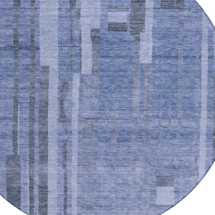 8' Denim Blue And Charcoal Round Striped Washable Indoor Outdoor Area Rug