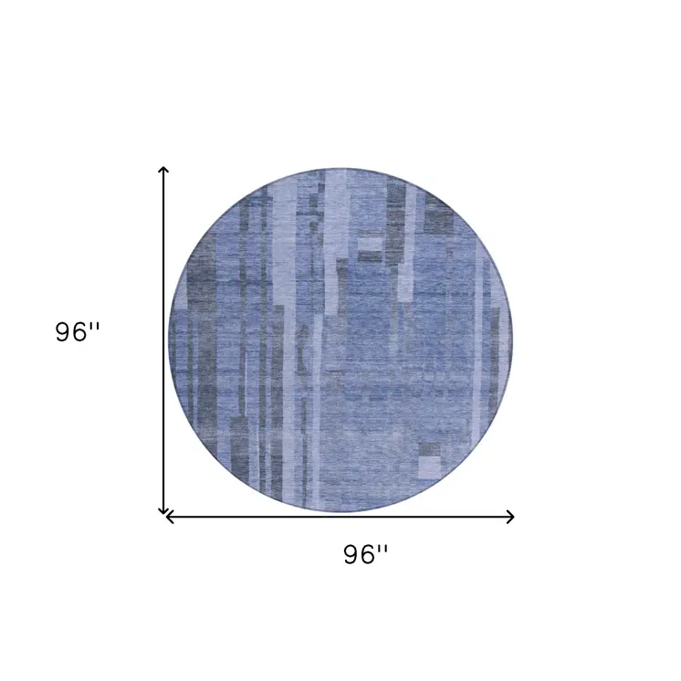 8' Denim Blue And Charcoal Round Striped Washable Indoor Outdoor Area Rug