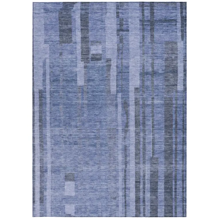 9' X 12' Denim Blue And Charcoal Striped Washable Indoor Outdoor Area Rug