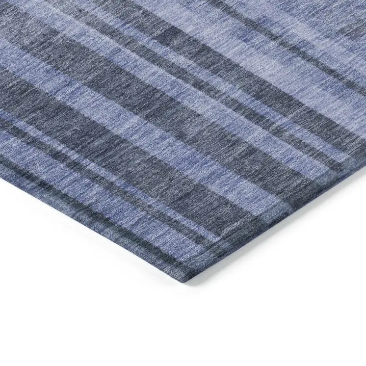 9' X 12' Denim Blue And Charcoal Striped Washable Indoor Outdoor Area Rug