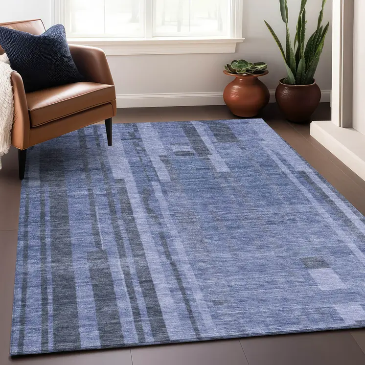 9' X 12' Denim Blue And Charcoal Striped Washable Indoor Outdoor Area Rug