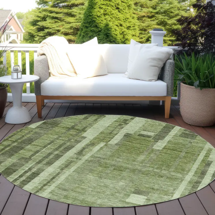 8' Green And Gray Round Striped Washable Indoor Outdoor Area Rug