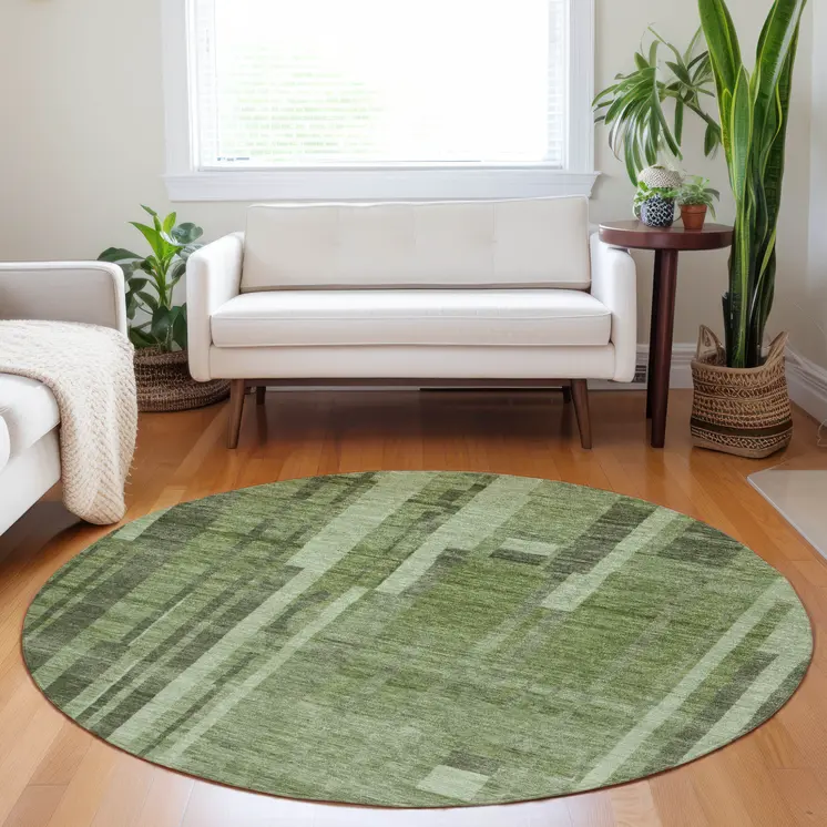 8' Green And Gray Round Striped Washable Indoor Outdoor Area Rug