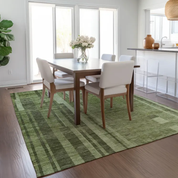 9' X 12' Green And Gray Striped Washable Indoor Outdoor Area Rug