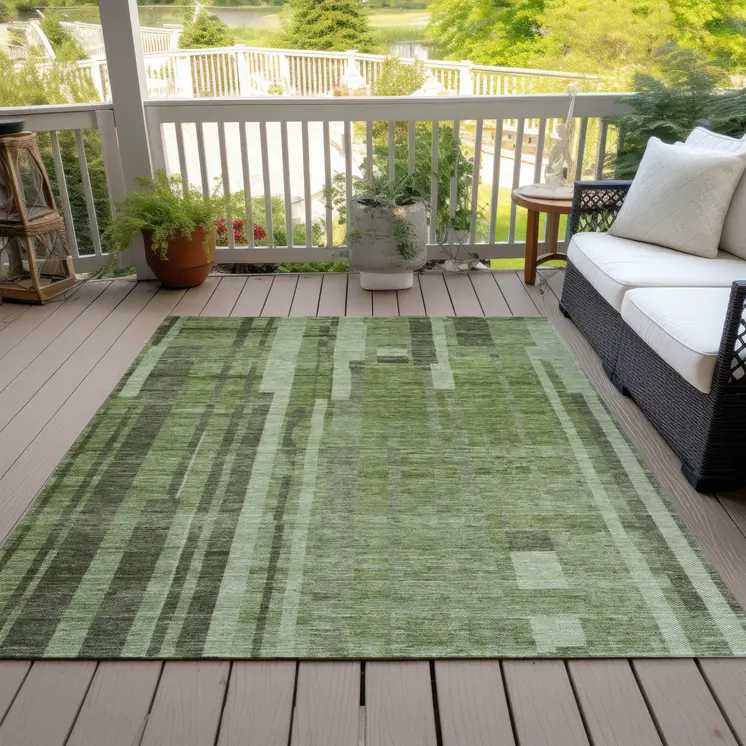 10' X 14' Green And Gray Striped Washable Indoor Outdoor Area Rug