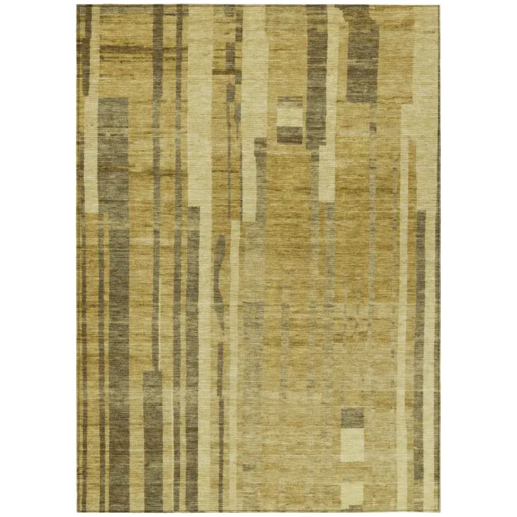 3' X 5' Gold And Dark Brown Striped Washable Indoor Outdoor Area Rug