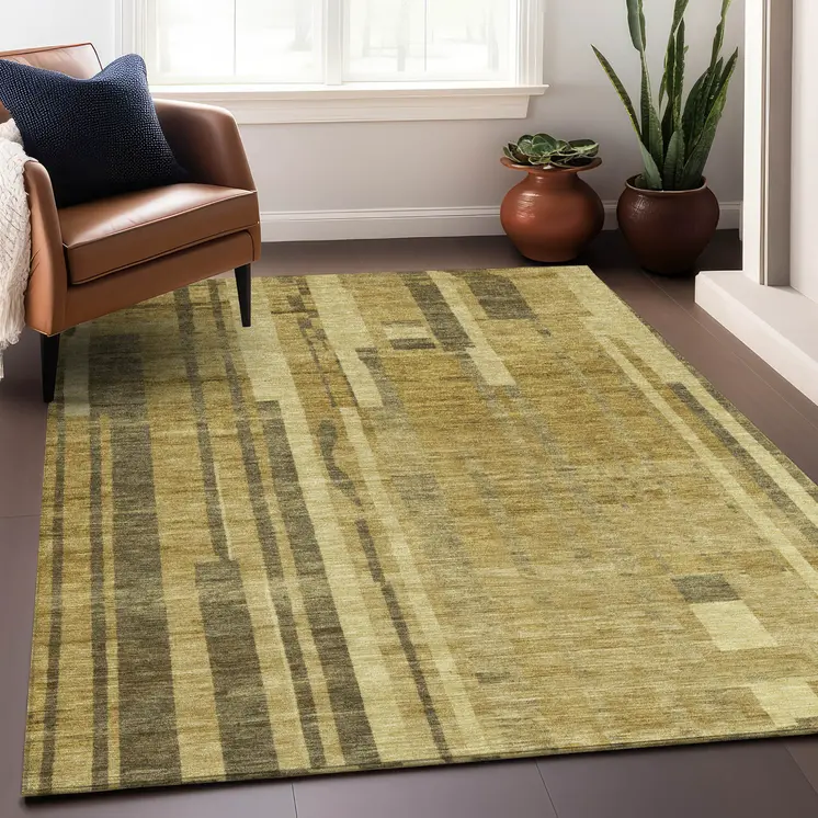 3' X 5' Gold And Dark Brown Striped Washable Indoor Outdoor Area Rug