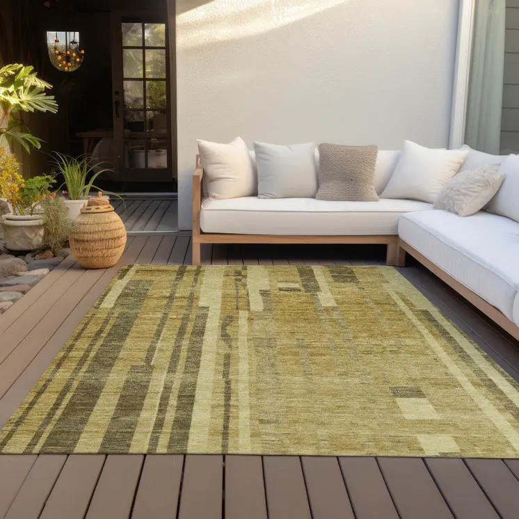3' X 5' Gold And Dark Brown Striped Washable Indoor Outdoor Area Rug