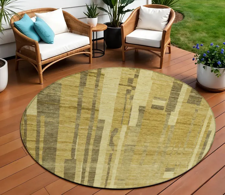 8' Gold And Dark Brown Round Striped Washable Indoor Outdoor Area Rug