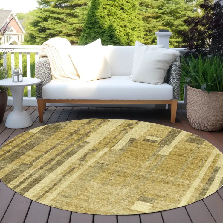 8' Gold And Dark Brown Round Striped Washable Indoor Outdoor Area Rug
