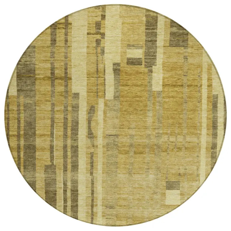 8' Gold And Dark Brown Round Striped Washable Indoor Outdoor Area Rug
