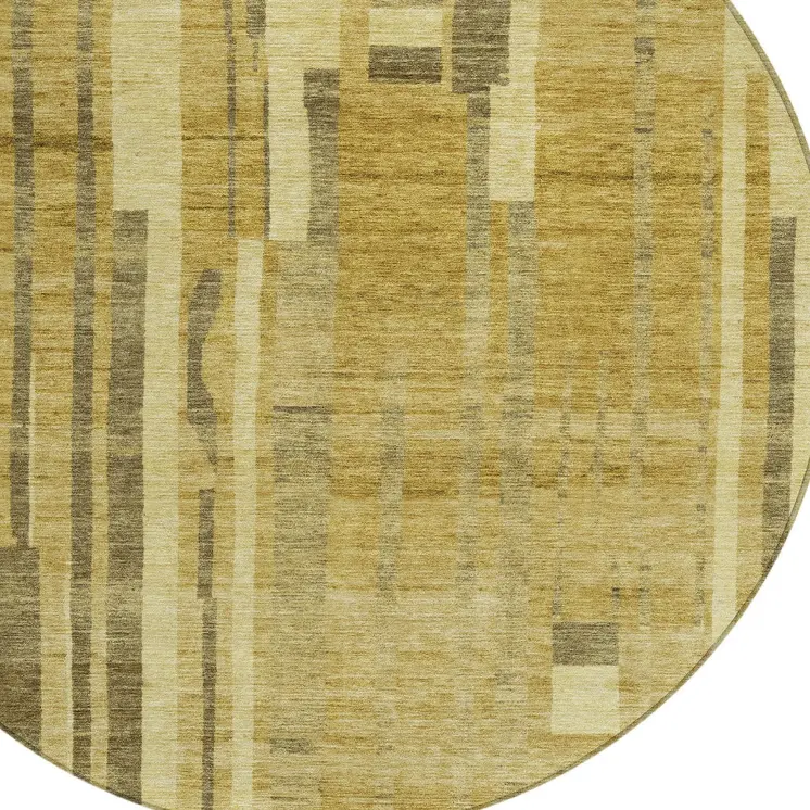 8' Gold And Dark Brown Round Striped Washable Indoor Outdoor Area Rug