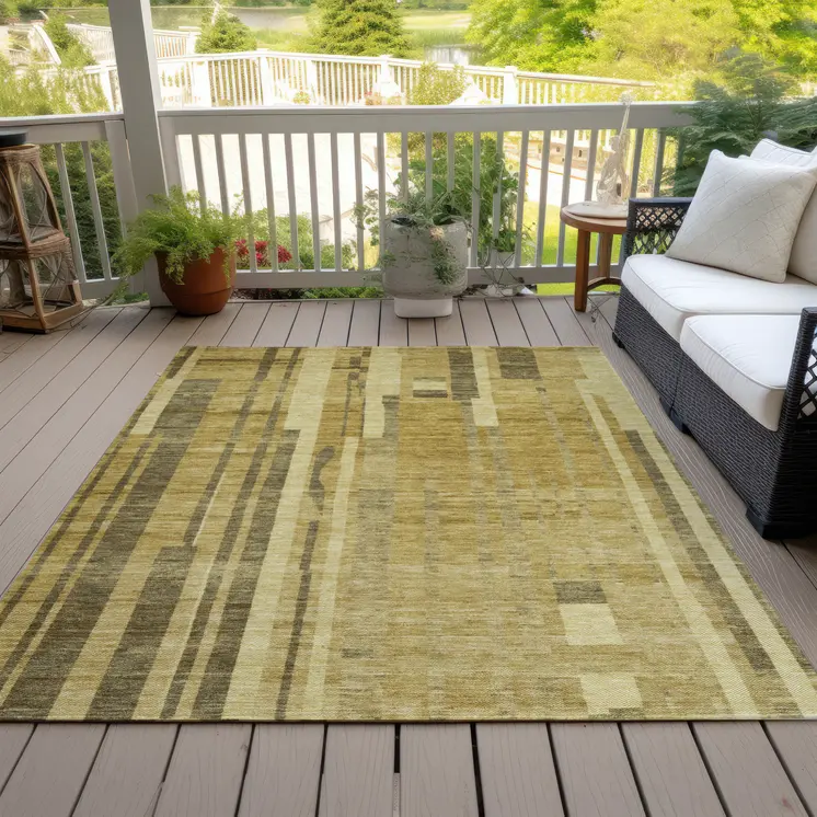 8' X 10' Gold And Dark Brown Striped Washable Indoor Outdoor Area Rug