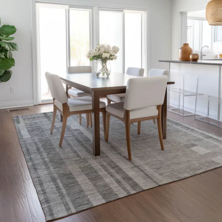 5' X 8' Gray And Silver Striped Washable Indoor Outdoor Area Rug