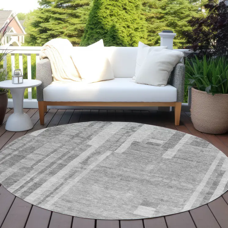 8' Gray And Silver Round Striped Washable Indoor Outdoor Area Rug