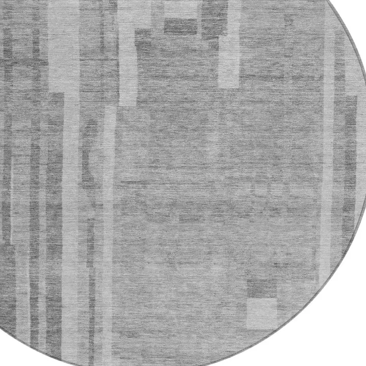 8' Gray And Silver Round Striped Washable Indoor Outdoor Area Rug