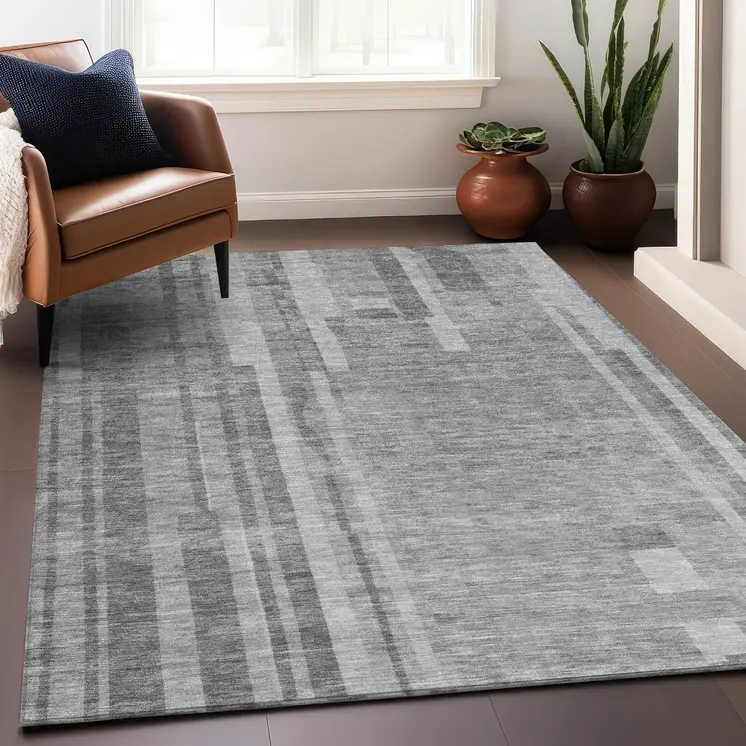 8' X 10' Gray And Silver Striped Washable Indoor Outdoor Area Rug