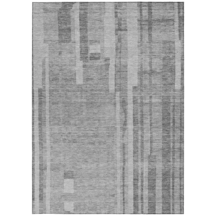 9' X 12' Gray And Silver Striped Washable Indoor Outdoor Area Rug