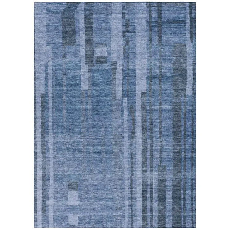 8' X 10' Navy Blue And Gray Striped Washable Indoor Outdoor Area Rug