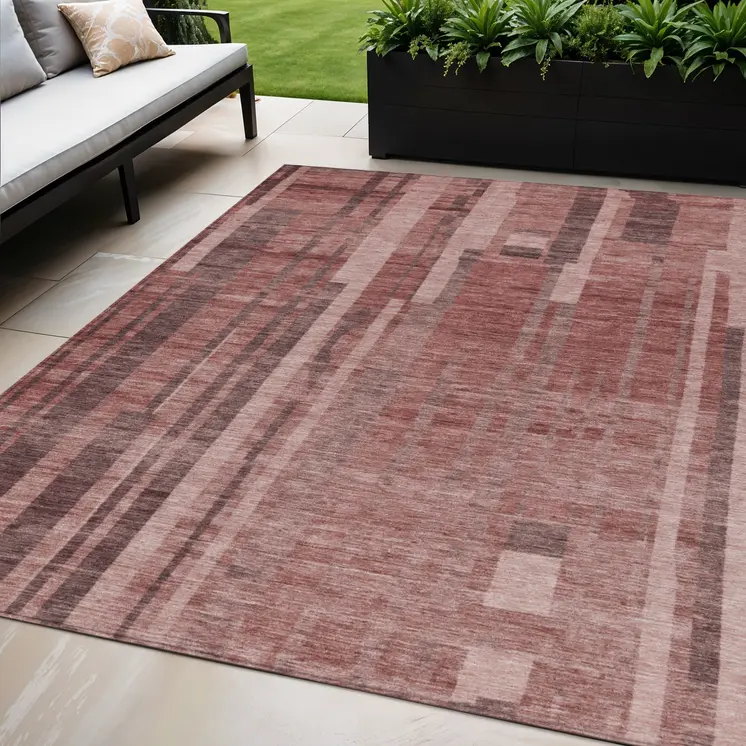 5' X 8' Brick Red And Brown Striped Washable Indoor Outdoor Area Rug