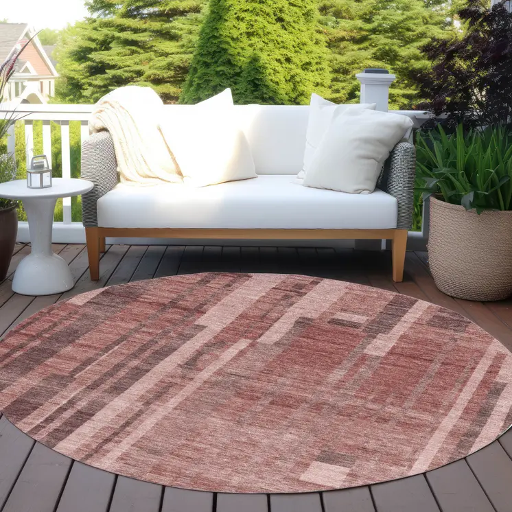8' Brick Red And Brown Round Striped Washable Indoor Outdoor Area Rug