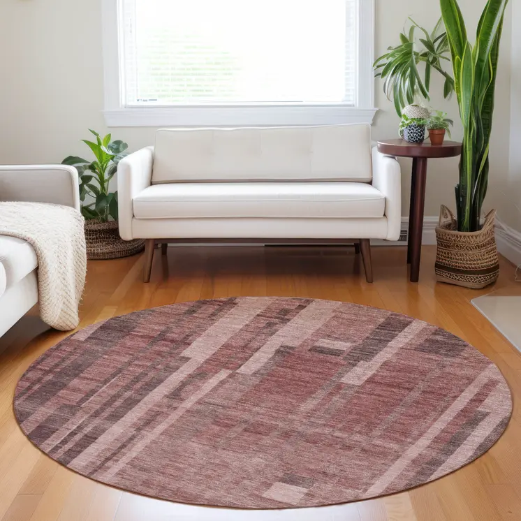 8' Brick Red And Brown Round Striped Washable Indoor Outdoor Area Rug