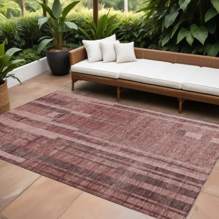 8' X 10' Brick Red And Brown Striped Washable Indoor Outdoor Area Rug