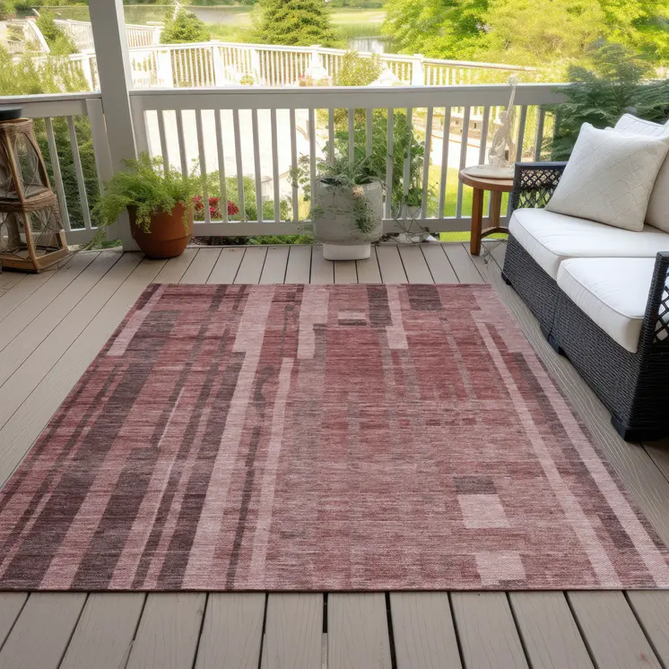 8' X 10' Brick Red And Brown Striped Washable Indoor Outdoor Area Rug