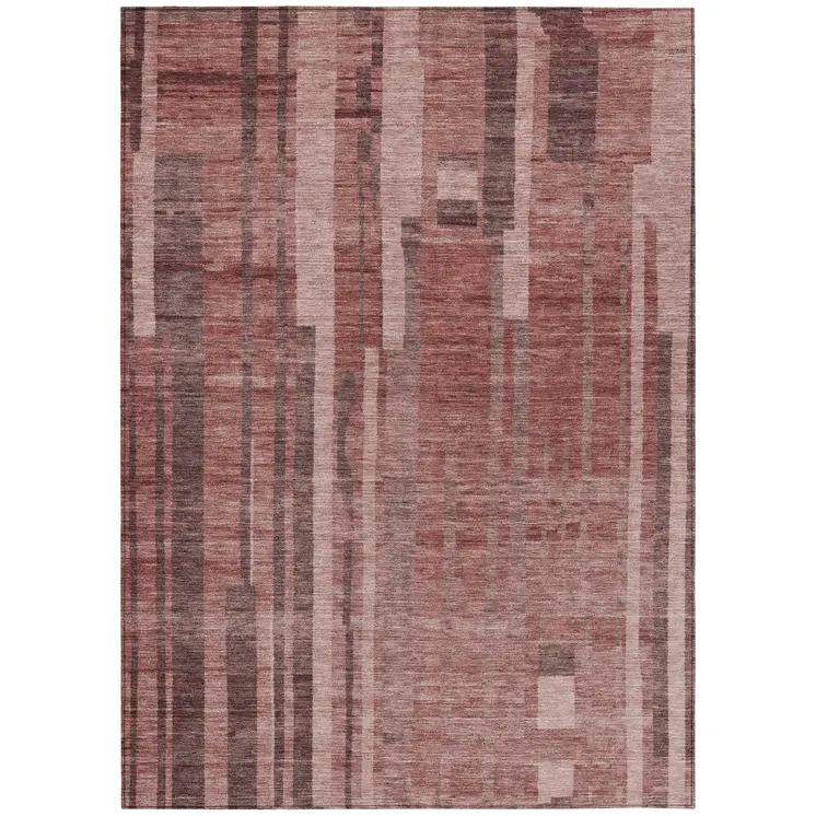 8' X 10' Brick Red And Brown Striped Washable Indoor Outdoor Area Rug