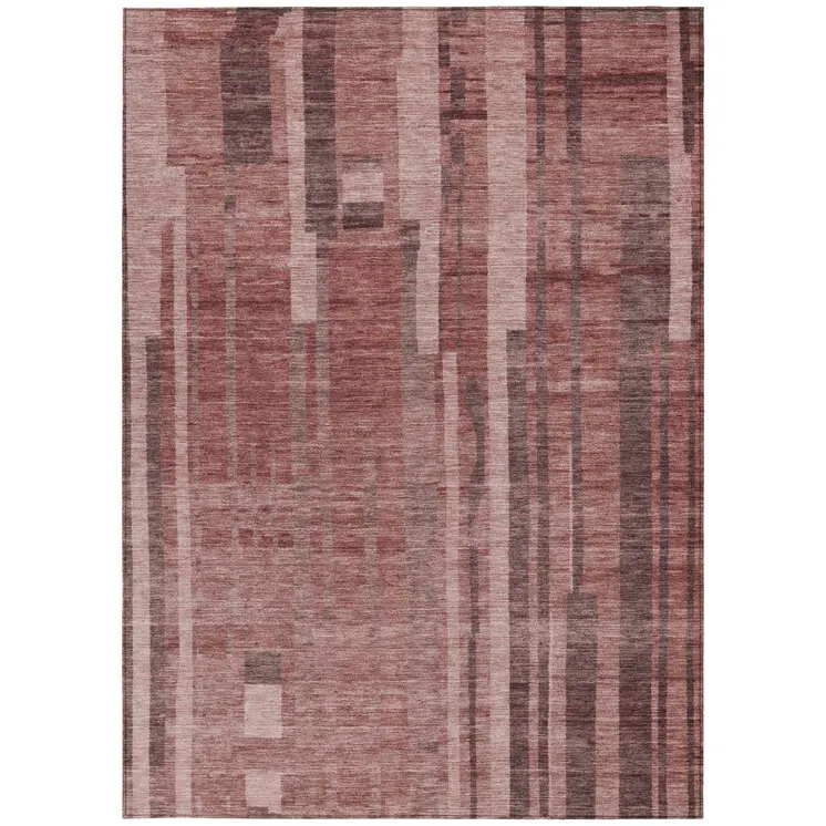 8' X 10' Brick Red And Brown Striped Washable Indoor Outdoor Area Rug