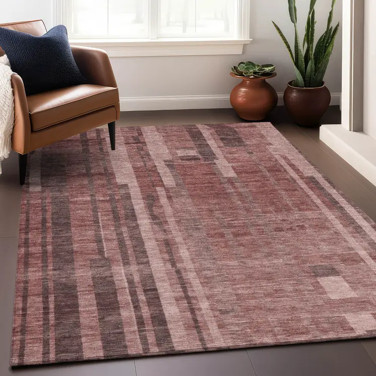 8' X 10' Brick Red And Brown Striped Washable Indoor Outdoor Area Rug