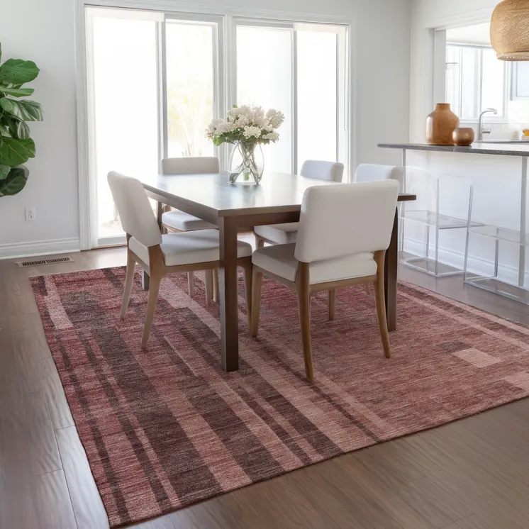 8' X 10' Brick Red And Brown Striped Washable Indoor Outdoor Area Rug