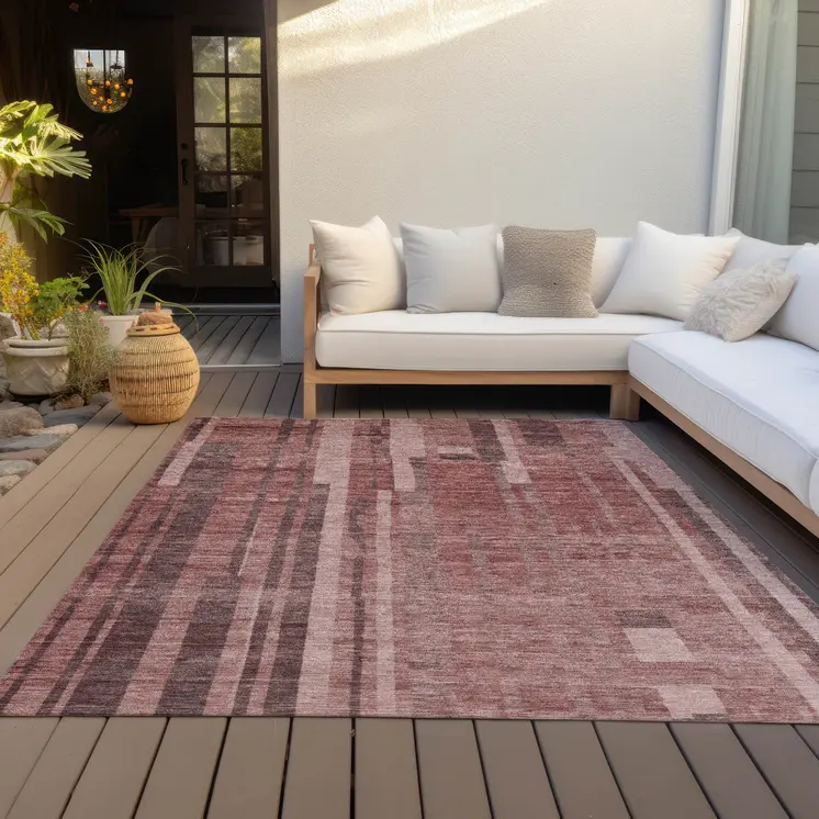 8' X 10' Brick Red And Brown Striped Washable Indoor Outdoor Area Rug