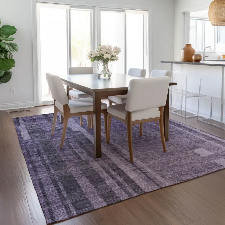 9' X 12' Purple And Black Striped Washable Indoor Outdoor Area Rug