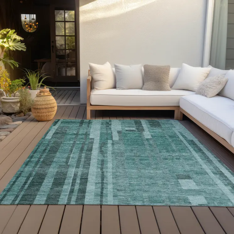 5' X 8' Teal Blue And Black Striped Washable Indoor Outdoor Area Rug