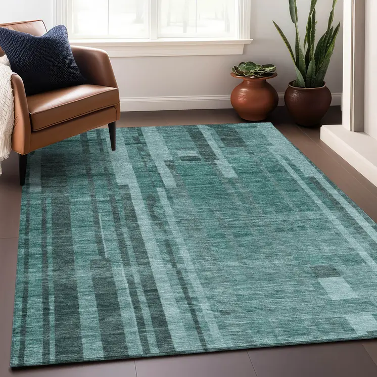 10' X 14' Teal Blue And Black Striped Washable Indoor Outdoor Area Rug