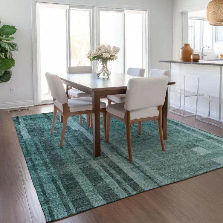 10' X 14' Teal Blue And Black Striped Washable Indoor Outdoor Area Rug