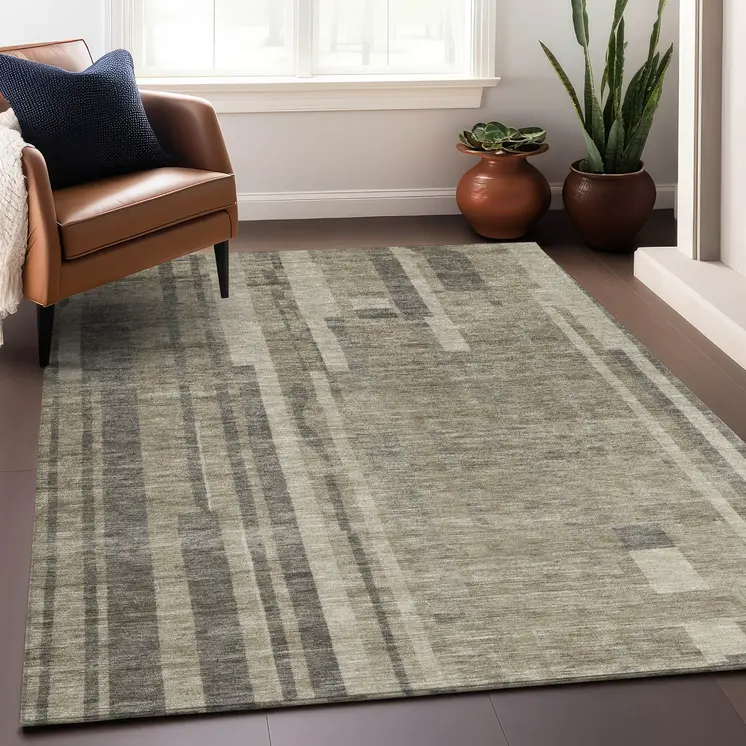 5' X 8' Taupe And Dark Gray Striped Washable Indoor Outdoor Area Rug
