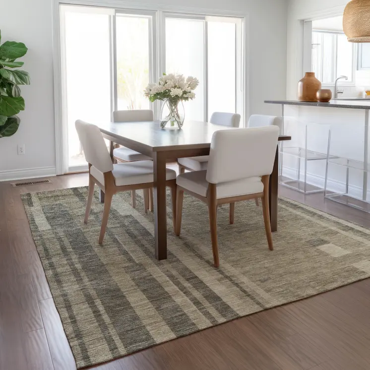 5' X 8' Taupe And Dark Gray Striped Washable Indoor Outdoor Area Rug