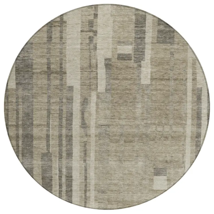 8' Taupe And Dark Gray Round Striped Washable Indoor Outdoor Area Rug