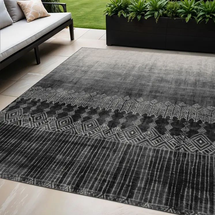 5' X 8' Black Ivory And Gray Ombre Washable Indoor Outdoor Area Rug