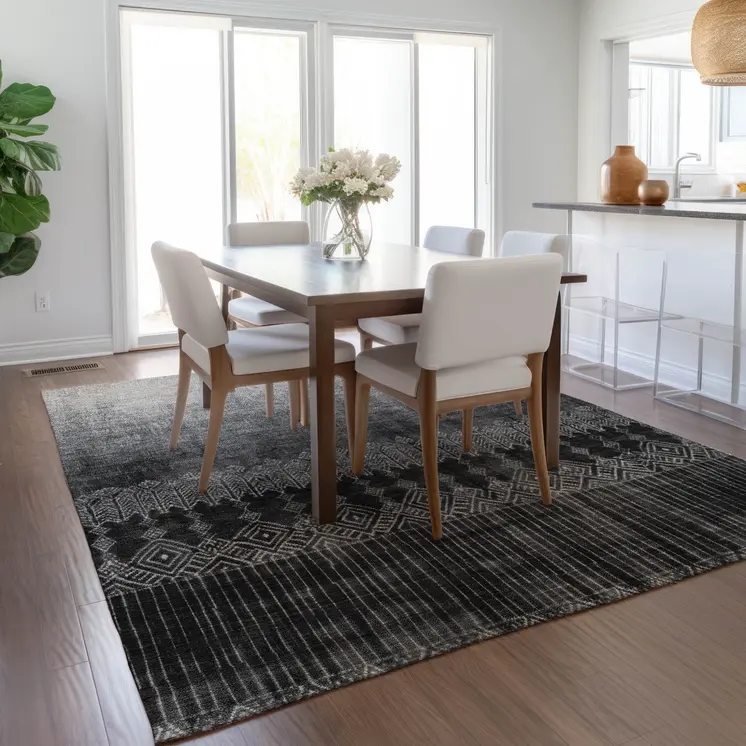 5' X 8' Black Ivory And Gray Ombre Washable Indoor Outdoor Area Rug