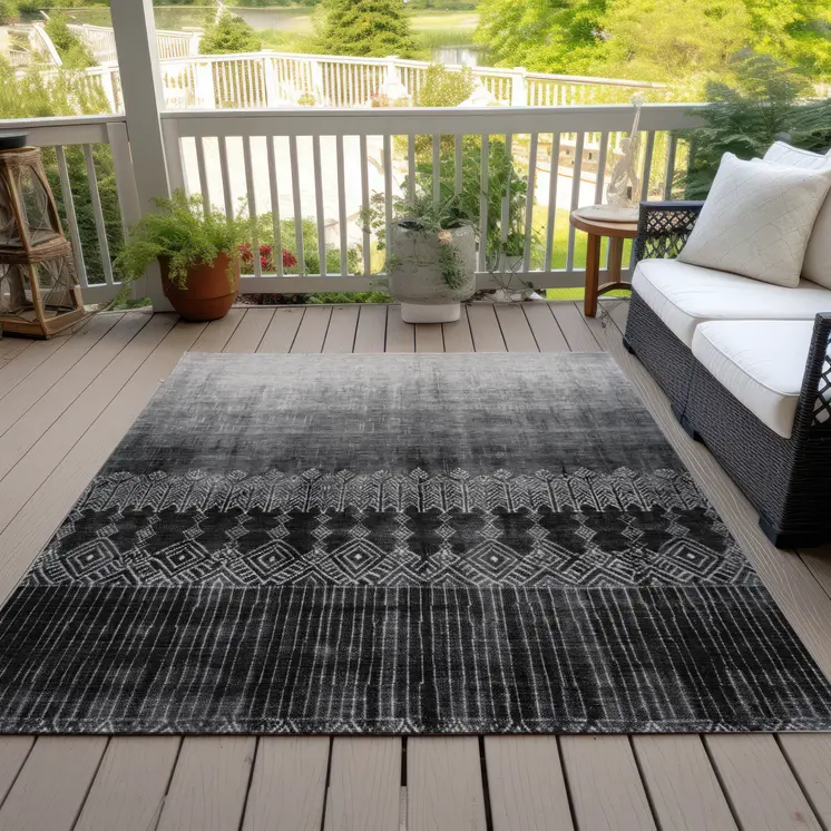 10' X 14' Black Ivory And Gray Ombre Washable Indoor Outdoor Area Rug
