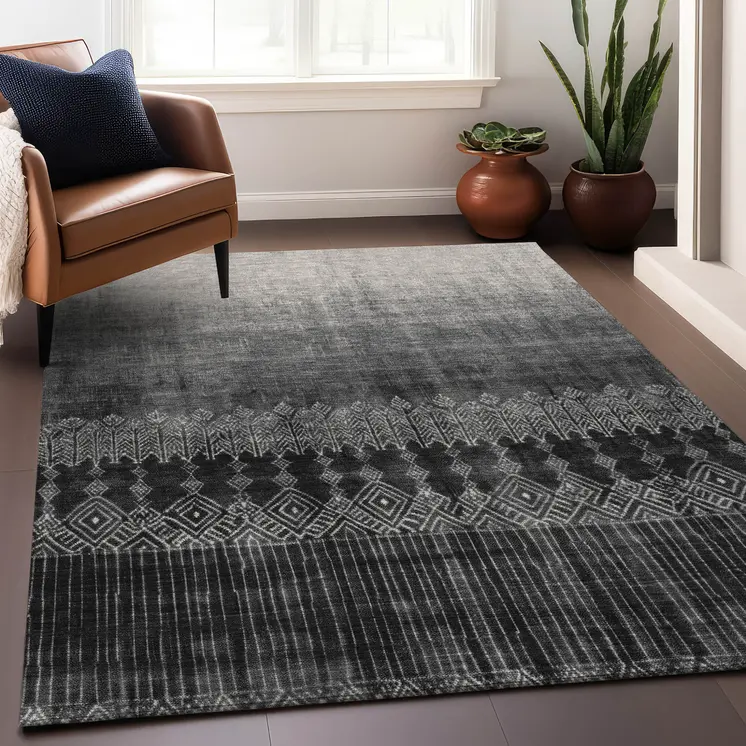10' X 14' Black Ivory And Gray Ombre Washable Indoor Outdoor Area Rug