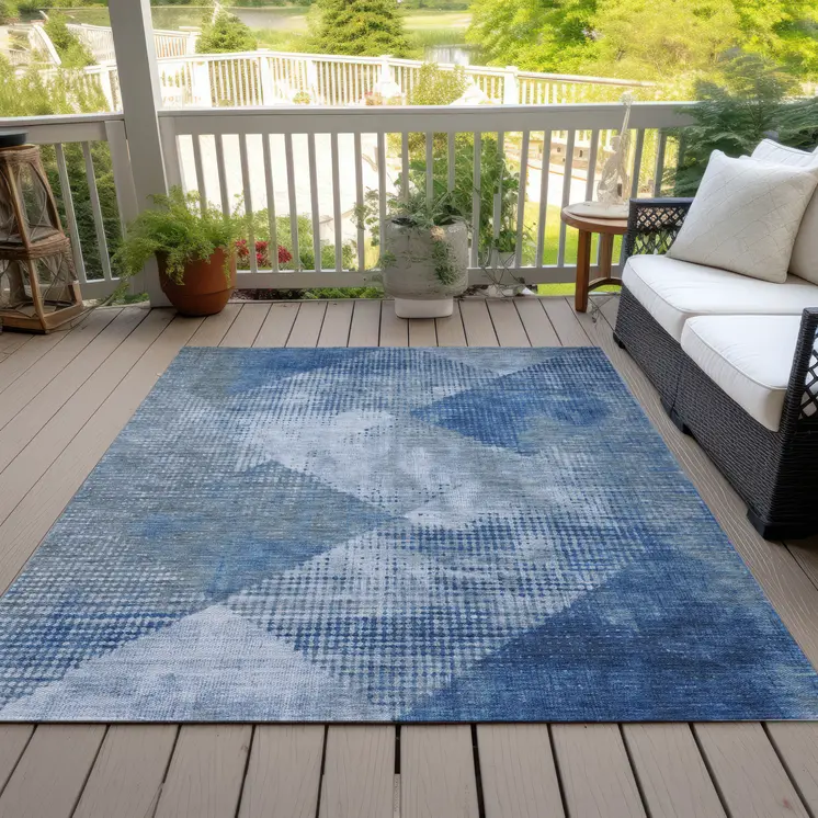 3' X 5' Blue And Gray Geometric Washable Indoor Outdoor Area Rug