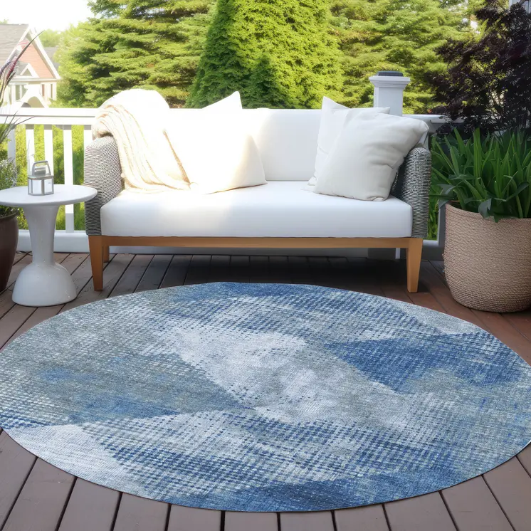 8' Blue And Gray Round Geometric Washable Indoor Outdoor Area Rug