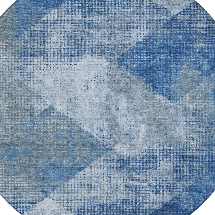 8' Blue And Gray Round Geometric Washable Indoor Outdoor Area Rug