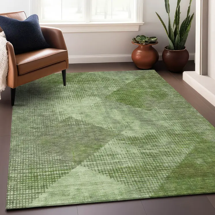 3' X 5' Green And Gray Geometric Washable Indoor Outdoor Area Rug