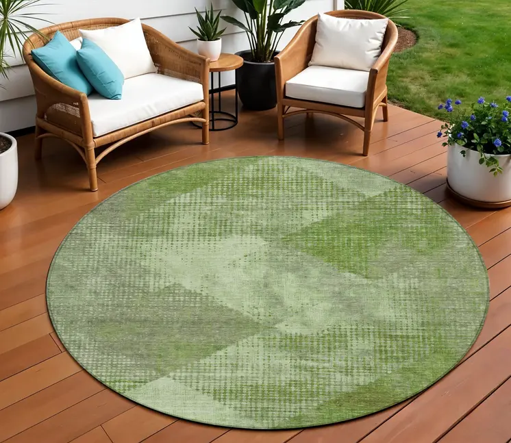 8' Green And Gray Round Geometric Washable Indoor Outdoor Area Rug